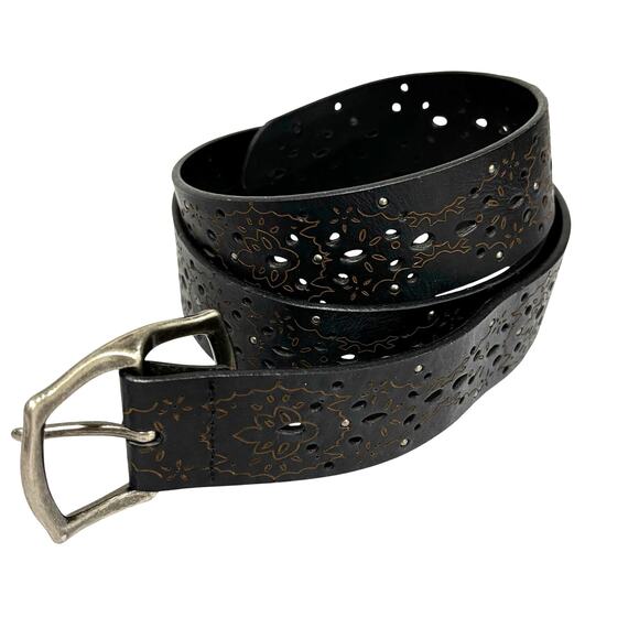 Black leather belt top stitch details laser cut nickel silver buckle & studs 42\